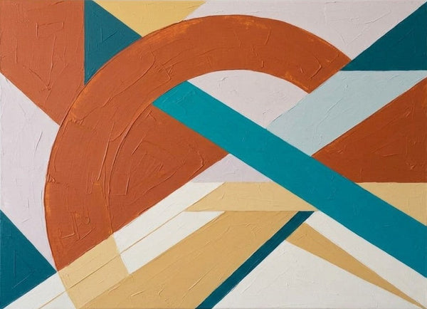 Blue, Orange-Red, Yellow Geometric Pattern Abtract Art for Mid-Century Contemporary Living Room Decor, Modern Canvas Wall Art-Grace Painting Crafts
