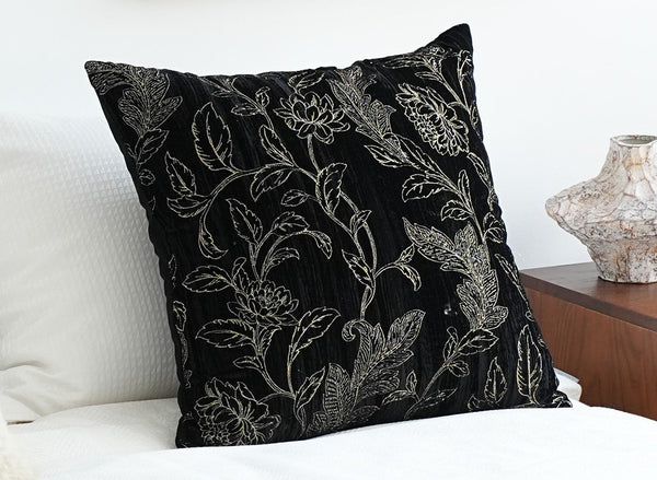 Contemporary Modern Sofa Pillows, Black Embroidery Flower Pattern Pillows for Couch, Decorative Throw Pillows for Bedroom, Large Modern Sofa Pillow for Dining Room-Grace Painting Crafts