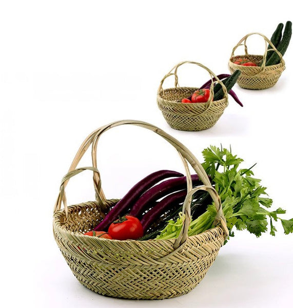 Natural Hand-woven Bamboo Basket, Large Picnic Food Basket with Handle, Lovely Bamboo Baskets for Vegetable, Natural Fruit Basket Kitchen Storage Baskets-Grace Painting Crafts