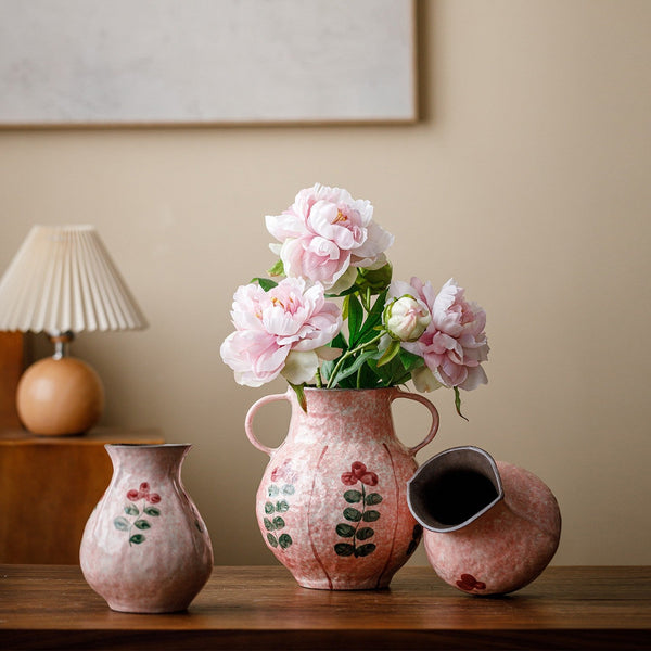 Rustic Pottery Flower Vases, Small Flower Vases on Table, Pink Bud Vases, Handmade Water Holding Flower Vases-Grace Painting Crafts