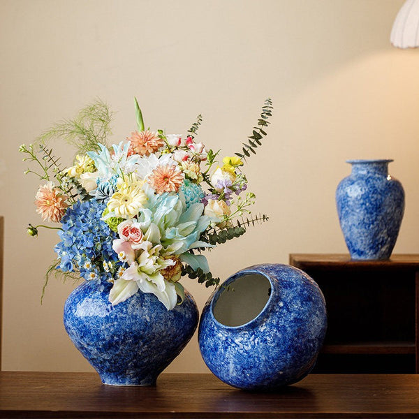Modern Pottery Flower Vases, Handmade Water Holding Flower Vases, Centerpiece on Dining Table, Blue Pottery Bud Vases, Large Flower Vases on Table-Grace Painting Crafts