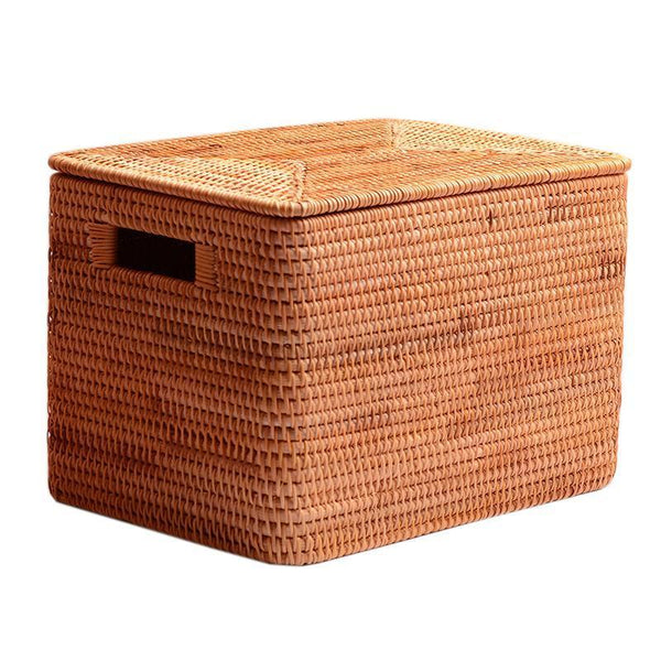 Rectangular Storage Basket with Lid, Woven Rattan Storage Basket for Shelves, Storage Baskets for Bedroom, Pantry Storage Baskets-Grace Painting Crafts