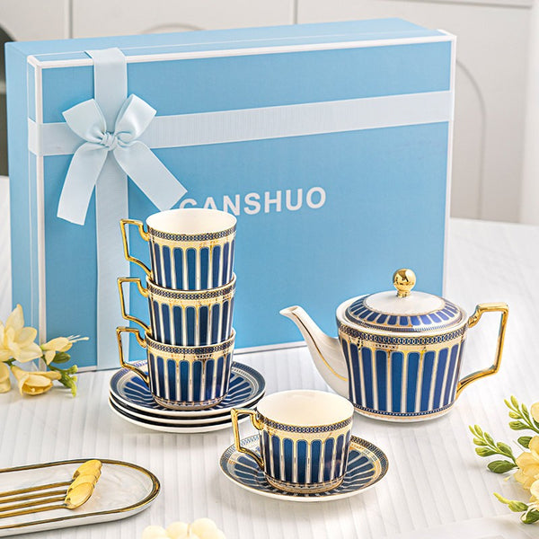 7.4 oz Porcelain Tea Cup and Saucer Set, British Tea Cup Set, Elegant Blue Ceramic Tea Cup and Saucer Set with Teapot, Modern Blue Coffee Cup with Saucer