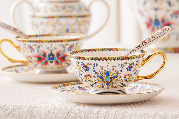 Bohemia Ceramic Coffee Cups, Creative Ceramic Cups, China Porcelain Tea Cup Saucer Set, Unique Traditional Afternoon Tea Cup and Saucer-Grace Painting Crafts