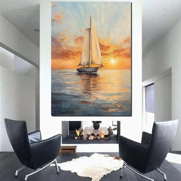 Acrylic Painting on Canvas, Simple Painting Ideas for Dining Room, Modern Acrylic Canvas Painting, Oversized Canvas Painting for Sale, Sail Boat Paintings-Grace Painting Crafts