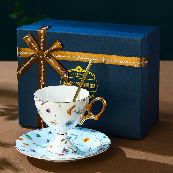 Elegant British Ceramic Coffee Cup with Saucer, 6.8 oz Tea Cup and Saucer Set in Gift Box, Floral Porcelain Tea Cup and Saucer Set, Flower Ceramic Tea Cup and Saucer-Grace Painting Crafts