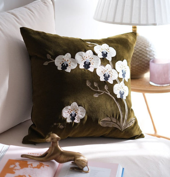 Large Decorative Pillows for Couch, Dark Olive Green Embroidered Moth Orchid Cushion, Decorative Pillow Arrangement Ideas for Couch, Living Room Decorative Pillows, Modern Throw Pillows for Bedroom-Grace Painting Crafts