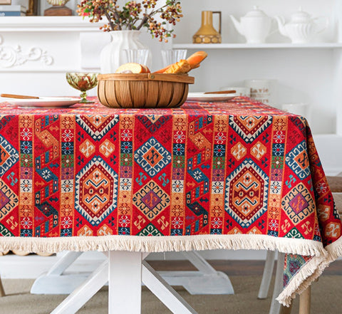 Oriental Red Rectangular Table Covers for Coffee Table, Bohemian Rectangular Tablecloth for Oval Table, Large Modern Linen Tablecloths-Grace Painting Crafts