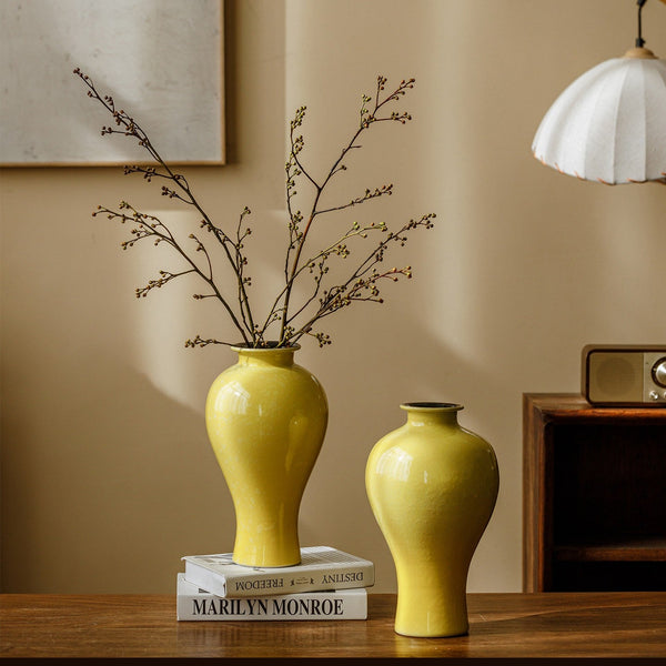 Porcelain Flower Vases, Handmade Water Holding Flower Vase, Yellow Flower Vases on Table, Ceramic Bud Vases-Grace Painting Crafts