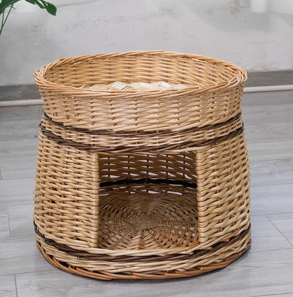 Large Double-Layer Cat Bed, Wicker Cat House Basket with Washable Cushion for Indoor Cats and Dogs-Grace Painting Crafts