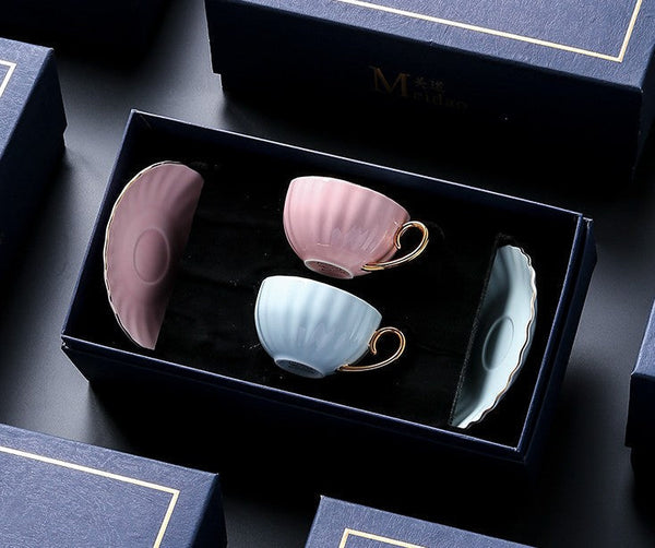 Beautiful British Tea Cups, Creative Porcelain Tea Cup Saucer Set of 2 Cups, Elegant Macaroon Ceramic Coffee Cups, 6.8 oz Tea Cup and Saucer in Gift Box as Birthday Gift-Grace Painting Crafts