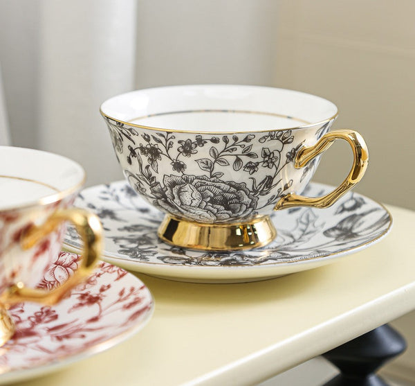 Elegant Flower Ceramic Cups, Unique Royal Coffee Cup and Saucer, Creative Porcelain Tea Cup Saucer Set, Beautiful British Tea Cups-Grace Painting Crafts