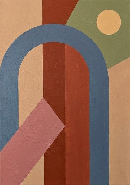Brown Red, Blue, Sage Green Color, Geometric Pattern Abtract Art for Mid Century Modern Living Room, Original Contemporary Canvas Paintings-Grace Painting Crafts