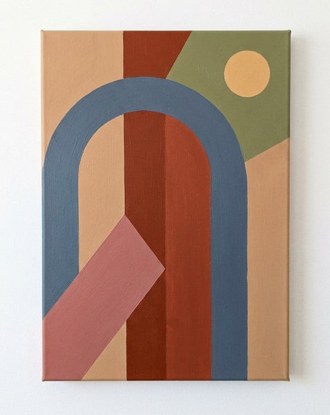Original Canvas Paintings, Brown Red, Blue, Sage Green Color, Geometric Pattern Abtract Art for Mid Century Modern Living Room-Grace Painting Crafts