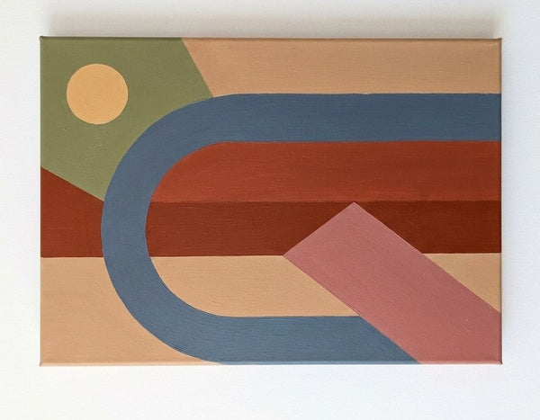 Original Canvas Paintings, Brown Red, Blue, Sage Green Color, Geometric Pattern Abtract Art for Mid Century Modern Living Room-Grace Painting Crafts