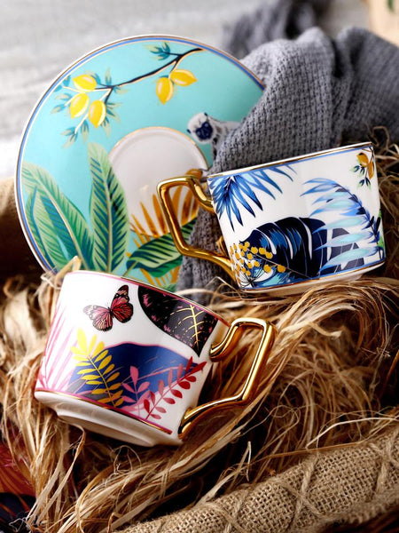 Elegant Tea Cup and Saucer, Jungle Toucan Pattern Porcelain Coffee Cups, 7.4 oz Coffee Cups with Gold Trim and Gift Box-Grace Painting Crafts