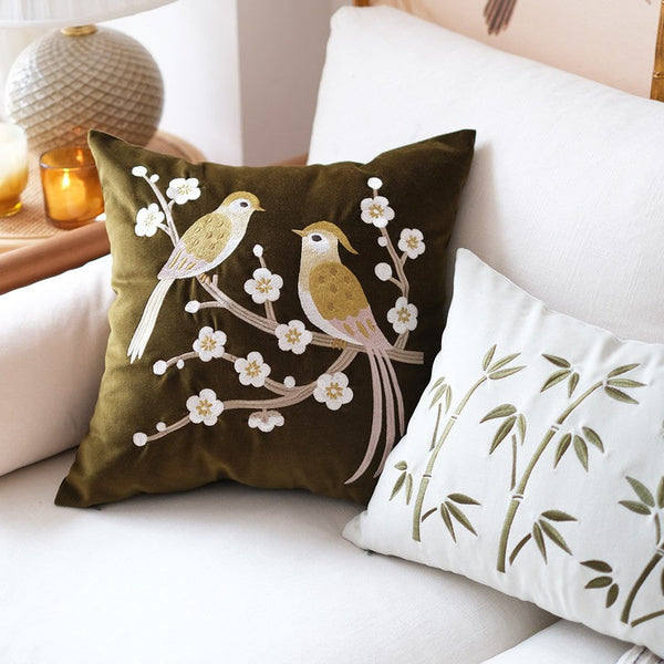 Embroidered birds cushion, Decorative Pillows for Couch, Vintage Decorative Pillows, Modern Throw Pillows for Bedroom, Decorative Pillow Arrangement Ideas for Couch-Grace Painting Crafts