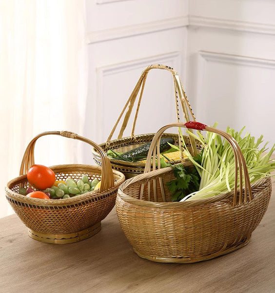 Natural Hand-woven Bamboo Basket, Extra Large Picnic Food Basket with Handle, Lovely Bamboo Baskets for Vegetable, Natural Fruit Basket Kitchen Storage Baskets-Grace Painting Crafts