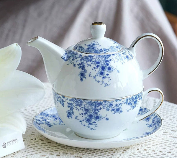 Mother and Baby Teapot with Matching Saucer British Style Porcelain Teapot with Matching Cup and Saucer in Gift Box, Ceramic Tea Pot with Integrated Cup, Stackable Teapot and Cup Set-Grace Painting Crafts