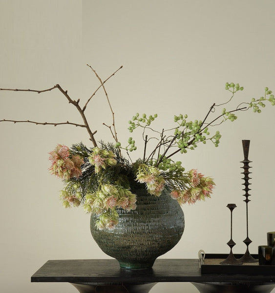 Centerpiece Ceramic Bouquet Vases, Green Porcelain Vases for Modern Home Decor, Large Contemporary Vases on Dining Table, Handmade Modern Flower Vase-Grace Painting Crafts