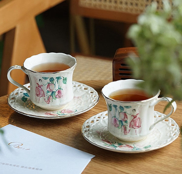 Elegant British Tea Cups, Beautiful Bone China Porcelain Tea Cup Set, Traditional English Tea Cups and Saucers, Unique Ceramic Coffee Cups-Grace Painting Crafts