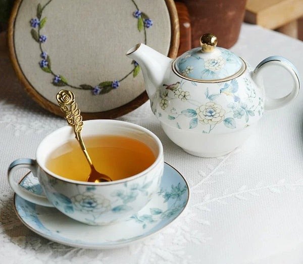 Stackable Teapot and Cup Set, Ceramic Tea Pot with Integrated Cup, Porcelain Teapot with Matching Cup and Saucer in Gift Box, Mother-and-Baby Teapot with Matching Saucer-Grace Painting Crafts