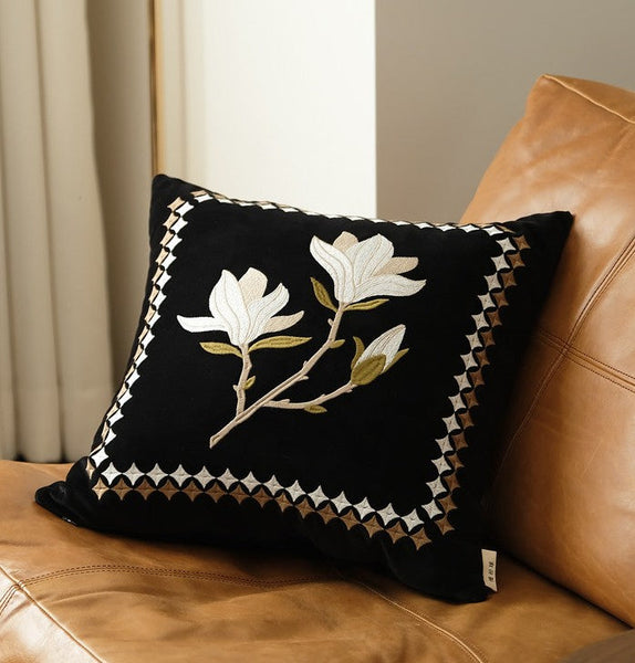Decorative Pillow Arrangement Ideas for Couch, Magnolia Embroidered Cushion, Large Decorative Pillows for Couch, Modern Throw Pillows for Bedroom, Living Room Decorative Pillows-Grace Painting Crafts