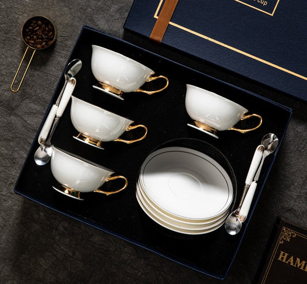 Porcelain Tea Cup Saucer Set, White Ceramic Cups, 7.8 oz British Ceramic Coffee Cups, Unique Tea Cup and Saucer in Gift Box-Grace Painting Crafts