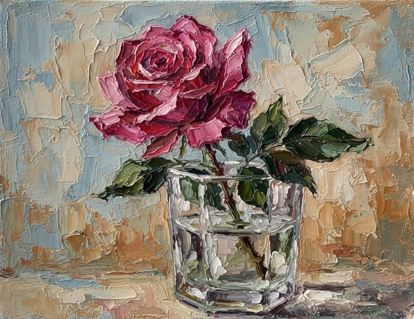 Original Oil Paintings, Impasto Red Rose in Glass Vase, Hand Painted Canvas Art, Original Flower Paintings, Small Canvas Art, Impasto Canvas Artwork-Grace Painting Crafts