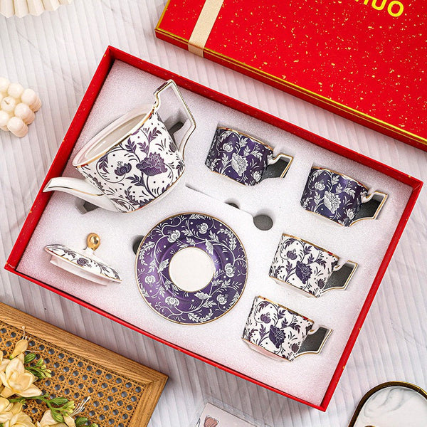 British Traditional Afternoon Tea Cup Set, Ceramic Coffee Cup with Saucer in Gift Box, Porcelain Tea Cup and Saucer Set with Teapot