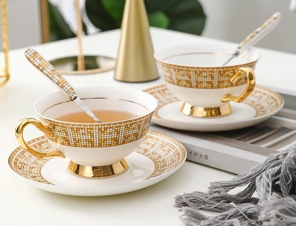 Handmade Elegant British Ceramic Coffee Cups, Unique Tea Cup and Saucer in Gift Box, Bone China Porcelain Tea Cup Set for Office, Yellow Ceramic Cups-Grace Painting Crafts