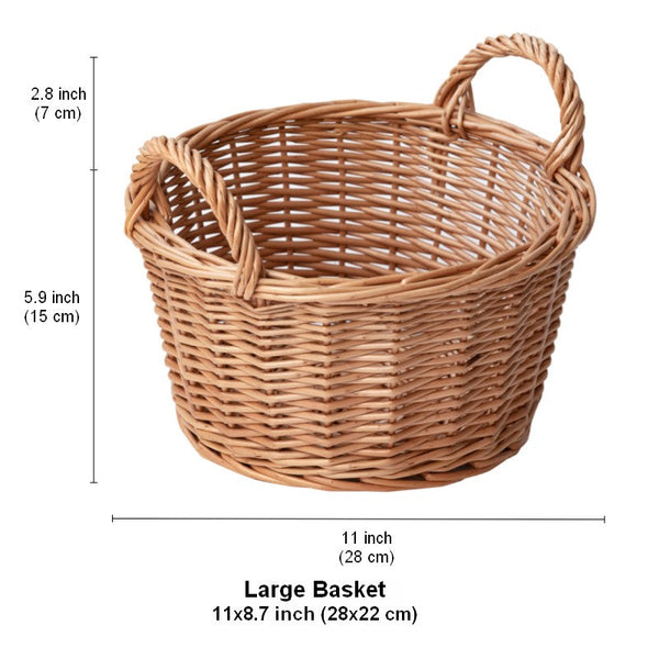 Large Picnic Fruit Basket with Handle, Natural Hand-woven Wicker Round Storage Basket, Lovely Willow Weaving Baskets for Vegetable, Natural Fruit Storage Basket, Kitchen Storage Baskets-Grace Painting Crafts