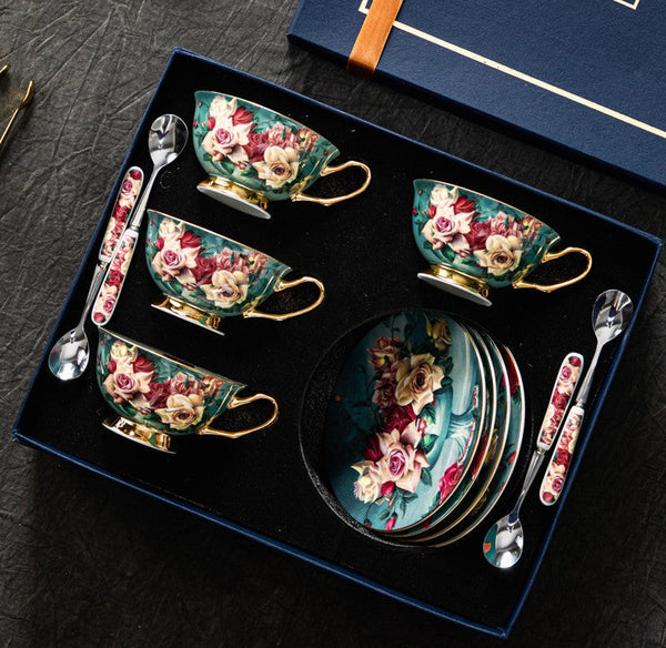 Large Rose Royal Ceramic Cups, Afternoon Bone China Porcelain Tea Cup Set, Unique Tea Cups and Saucers in Gift Box, Elegant Flower Ceramic Coffee Cups-Grace Painting Crafts