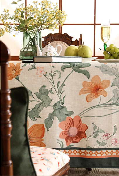 Linen Table Cover for Dining Room Table, Beautiful Kitchen Table Cover, Spring Flower Tablecloth for Round Table, Simple Modern Rectangle Tablecloth Ideas for Oval Table-Grace Painting Crafts