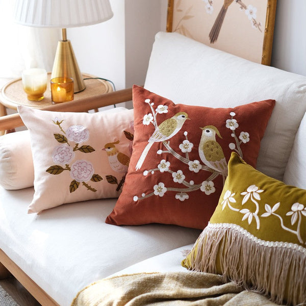 Modern Throw Pillows for Bedroom, Decorative Pillows for Couch, Vintage Decorative Pillows, Embroidered Birds Cushion, Decorative Pillow Arrangement Ideas for Couch-Grace Painting Crafts