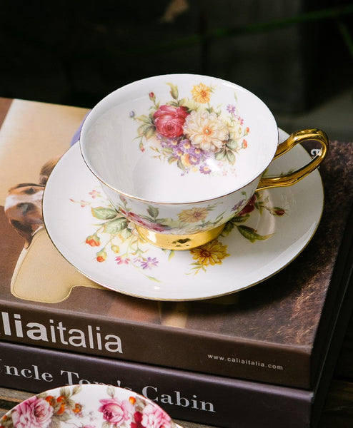 Elegant Rose Flower Ceramic Cups, Unique Royal Coffee Cup and Saucer, Creative Bone China Porcelain Tea Cup Set, Beautiful British Tea Cups-Grace Painting Crafts