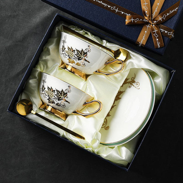 Elegant British Ceramic Coffee Cups, 7.4 oz Golden Leaves and Grapes Porcelain Tea Cup Saucer Set, Unique British Tea Cup and Saucer in Gift Box-Grace Painting Crafts