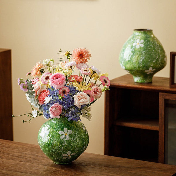 Centerpiece on Dining Table, Handmade Water Holding Flower Vases, Modern Pottery Flower Vases, Pottery Bud Vases, Large Green Flower Vases on Table-Grace Painting Crafts