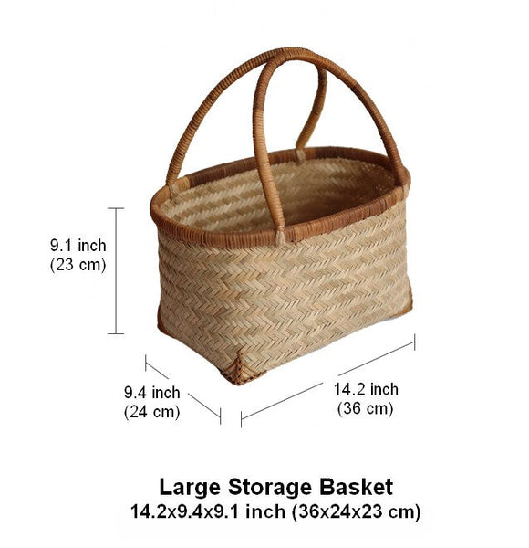 Storage Basket with Handle, Large Kitchen Storage Baskets, Natural Hand-woven Bamboo Storage Basket, Lovely Bamboo Weaving Baskets for Vegetable, Picnic Fruit Storage Baskets-Grace Painting Crafts