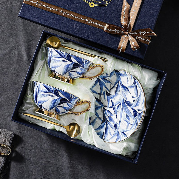 Unique British Tea Cup and Saucer in Gift Box, Blue Porcelain Tea Cup Saucer Set, 7.4 oz British Ceramic Coffee Cups-Grace Painting Crafts