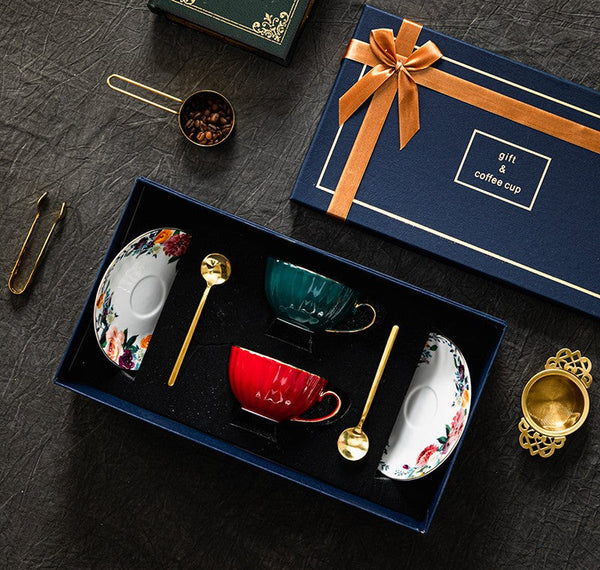 Elegant Ceramic Coffee Cups, Beautiful British Tea Cups, Creative Porcelain Tea Cup Saucer Set, 6.8 oz Tea Cup and Saucer in Gift Box-Grace Painting Crafts