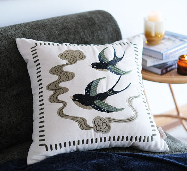 Luxury Decorative Pillows for Couch, Modern Throw Pillows for Couch, Vintage Decorative Pillows, Embroidered Swallow Birds Cushion, Decorative Pillow Arrangement Ideas for Bed-Grace Painting Crafts