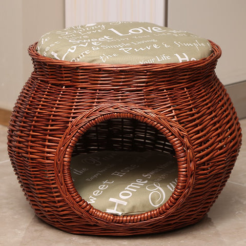 Wicker Cat House Basket with Washable Cushion for Indoor Cats and Dogs, Rattan Cat Bed-Grace Painting Crafts