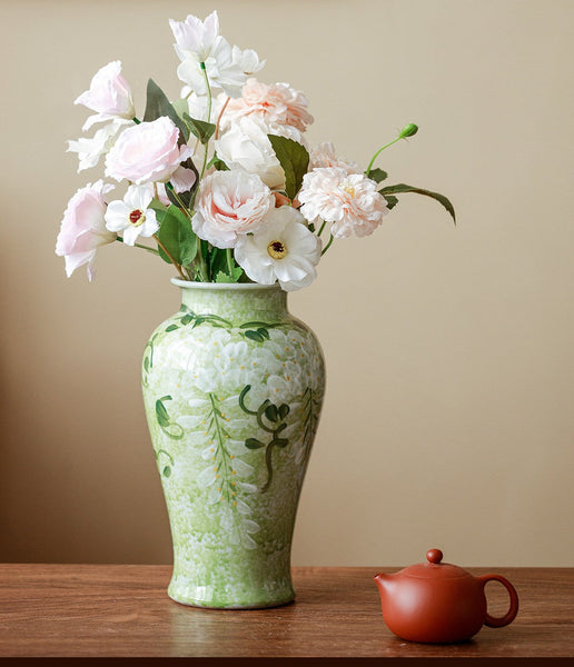 Large Flower Vases on Table, Green Porcelain Flower Vases, Centerpiece Ceramic Bud Vases, Handmade Water Holding Flower Vase-Grace Painting Crafts