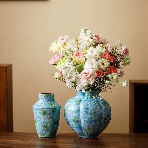 Centerpiece on Dining Table, Blue Flower Vase on Table, Handmade Water Holding Flower Vases, Pottery Flower Vases, Modern Bouquet Flower Vases-Grace Painting Crafts