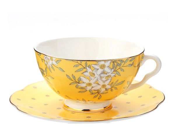 Creative Yellow Ceramic Coffee Cups, Unique Flower Coffee Cup and Saucer, Beautiful British Tea Cups, Creative Porcelain Tea Cup Set-Grace Painting Crafts