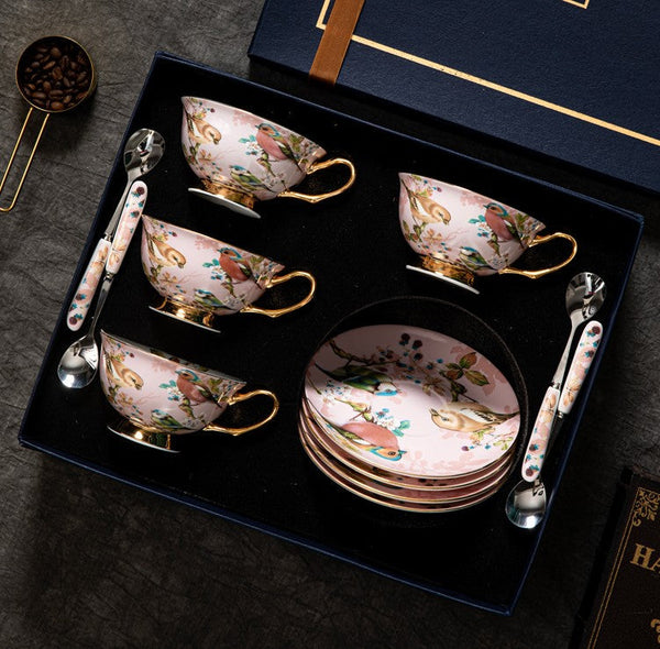 Unique Tea Cup and Saucer in Gift Box, Lovely Birds Ceramic Cups, 8 oz Ceramic Coffee Cups, Afternoon Porcelain Tea Cup Set-Grace Painting Crafts