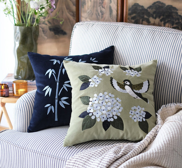 Decorative Pillow Arrangement Ideas for Couch, Living Room Decorative Pillows, Embroidered Swallow Birds Cushion, Large Decorative Pillows for Couch, Modern Throw Pillows for Bedroom-Grace Painting Crafts
