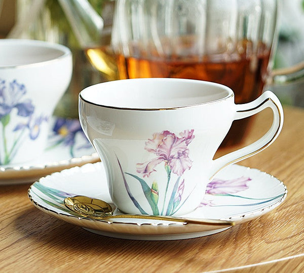 Iris Flower British Tea Cups, Beautiful Porcelain Tea Cup Saucer Set, Traditional English Tea Cup and Saucer, Unique Ceramic Coffee Cups in Gift Box-Grace Painting Crafts
