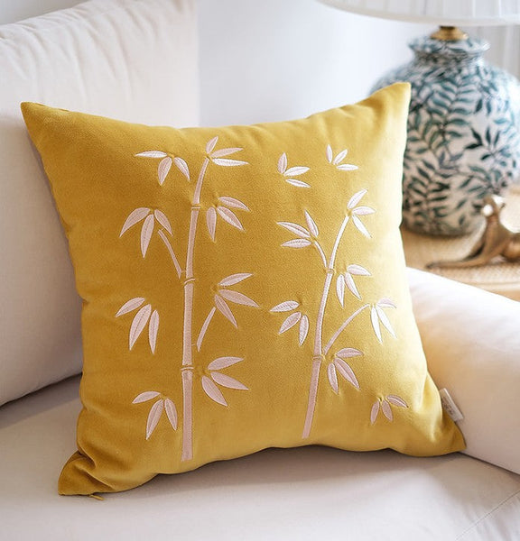 Large Decorative Pillows for Couch, Modern Throw Pillows for Bedroom, Living Room Decorative Pillows, Yellow Embroidered Bamboo Cushion, Decorative Pillow Arrangement Ideas for Couch-Grace Painting Crafts